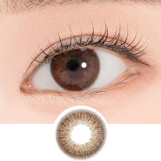Close-up shot of a model's eye wearing Lensrang Hibiscus Rich Brown color contacts with prescription, paired with K-beauty-inspired eye makeup, showing the brightening and enlarging effect of the circle contact lens on dark brown eyes, above a cutout of the contact lens pattern with limbal ring on a white background.