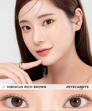 Model demonstrating a Kpop-inspired look with Lensrang Hibiscus Rich Brown coloured contact lenses, demonstrating the brightening and enlarging effect of the circle contact lenses on her dark eyes.