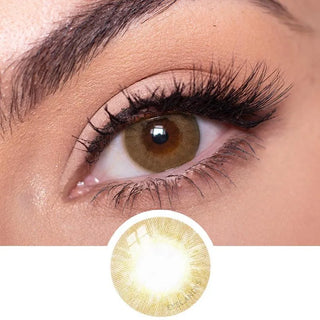 Detailed view of EyeCandys Libre Brown contact lens on a brown eye which also includes a close-up detail of the contact lens.