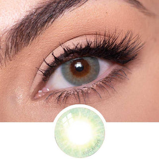 Detailed view of EyeCandys Libre Green contact lens on a brown eye which also includes a close-up detail of the contact lens.