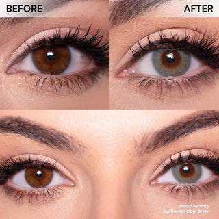 Close-up of eye before and after wearing EyeCandys Libre Green prescription colored contact lens, featuring vibrant green color with natural definition and subtle enlargement.
