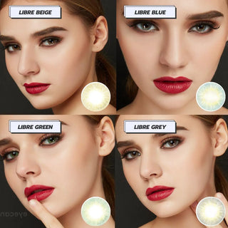 Collage of a model wearing  EyeCandys Libre contact lenses in various colors: brown, blue, green and grey contact lenses, paired with bold red lipstick.