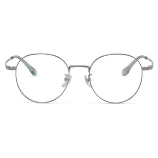 Frontal view of  Round vintage glasses frames in silver on a white background