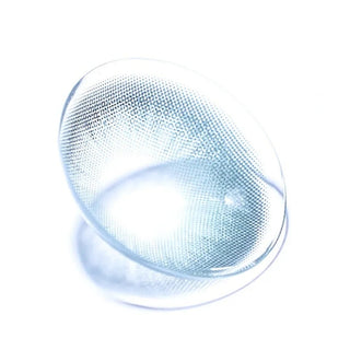 Macro shot of EyeCandys Olola Meow Scottish Green colored contact lens, showcasing intricate lens pattern and vibrant green color.