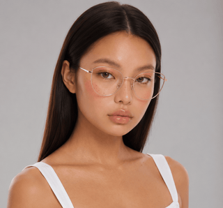 EyeCandys Madame Cat Eye clear lens glasses model shot featuring elegant cat-eye frames with non-prescription clear lenses, trendy women's fashion eyewear for everyday wear, office style, blue light fashion frames, and chic minimalist looks.