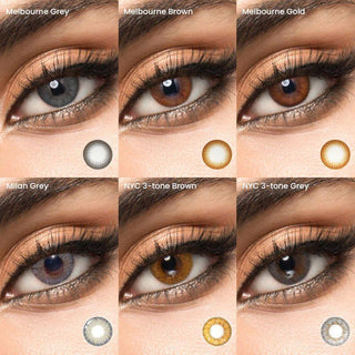 Assortment of various natural looking circle contact lenses in grey, brown, chocolate, available in myopia prescription.