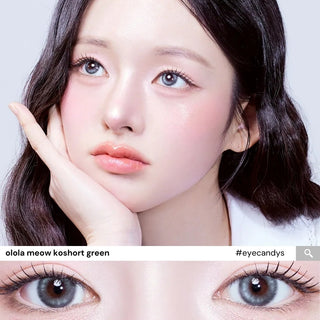 Model wearing EyeCandys Olola Meow Koshort Green colored prescription contact lens, with close-up shots of her eyes showcasing the vibrant green tone.