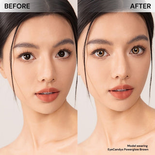 Model’s face before and after wearing EyeCandys PowerGlow Brown prescription colored contact lens, showing subtle brown eye color enhancement.