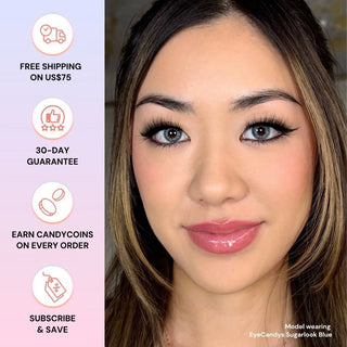Model wearing EyeCandys Sugarlook Blue contacts – free shipping, 30-day guarantee, rewards, subscribe & save