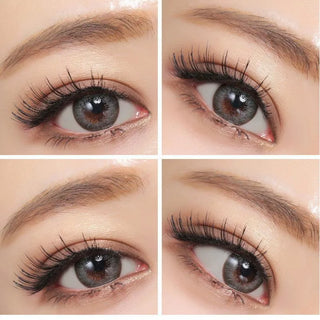 Four close-up shots show an eye wearing NEO Vision Extra Dali Grey lenses by NEO Vision, with long lashes and defined brows, captured from various angles to showcase the distinctive lens color and eye makeup.
