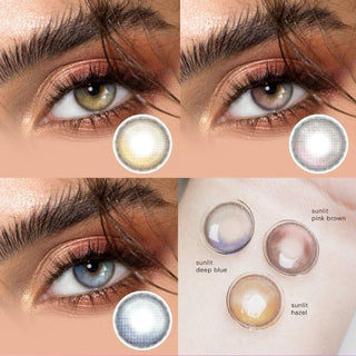 Assortment of EyeCandys sunlit series contact lenses. Clockwise (from the upper right):  sunlit pink brown, sunlit hazel, sunlit deep blue and an image of flatlay of the same contact lens