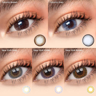 Collage of various color eye contacts and enlarging circle contact lenses from EyeCandys, modelled on a dark brown eye.