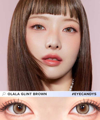 A female model with natural dark eyes wearing Olala Glint Brown contact lenses, complemented by subtle eyeshadow and peach lipstick and Close-up image showcases the model's eyes adorned with the same Brown contact lenses