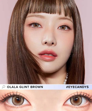 A female model with natural dark eyes wearing Olala Glint Brown contact lenses, complemented by subtle eyeshadow and peach lipstick and Close-up image showcases the model's eyes adorned with the same Brown contact lenses