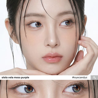Model with natural makeup wearing Olola Vela Moss Purple prescription colored contact lenses, with close-up of her eyes showing the lens design.