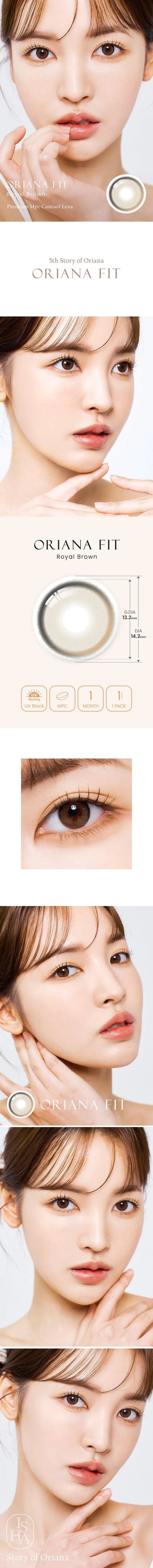 Model showcasing the natural look using i-Sha Oriana Fit Royal Brown prescription colored contact lenses, above a closeup of a pair of eyes enhanced and widened by the circle lenses.