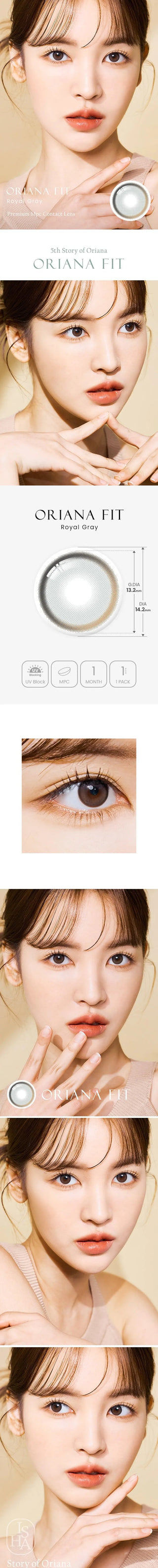 Model showcasing the natural look using i-Sha Oriana Fit Royal Grey prescription colored contact lenses, above a closeup of a pair of eyes enhanced and widened by the circle lenses.