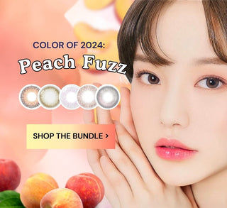 Bundle set of 5 peach-inspired pink color contact lenses worn on various models' dark eyes, next to a female model wearing a pink contact lens