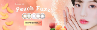 Banner showing a bundle of color contacts themed according to the Pantone 2024 Color of the Year (Peach Fuzz). Image shows various cutouts of colored contacts in shades of brown, orange, pink and grey, next a model wearing pink contacts with clean eye makeup