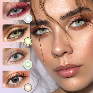 Collage of various color contact lenses in green, aqua, brown and grey, showing the transformative effect over dark irises. On the right is a model wearing the Dewy Aqua Blue looking color contact lens, showing the natural eye-lightening effect on her dark irises.