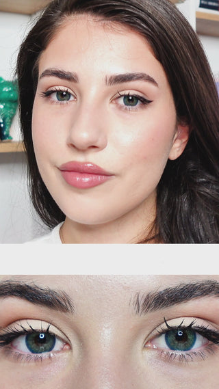 Video showcasing Isla blue grotto Colored Contact Lenses. Above is the full face of a model wearing  Isla blue grotto and on the center is the lens thumbnail design of the same contact lens and below it is a close up eye video showing the detailed design of lens when worn. 