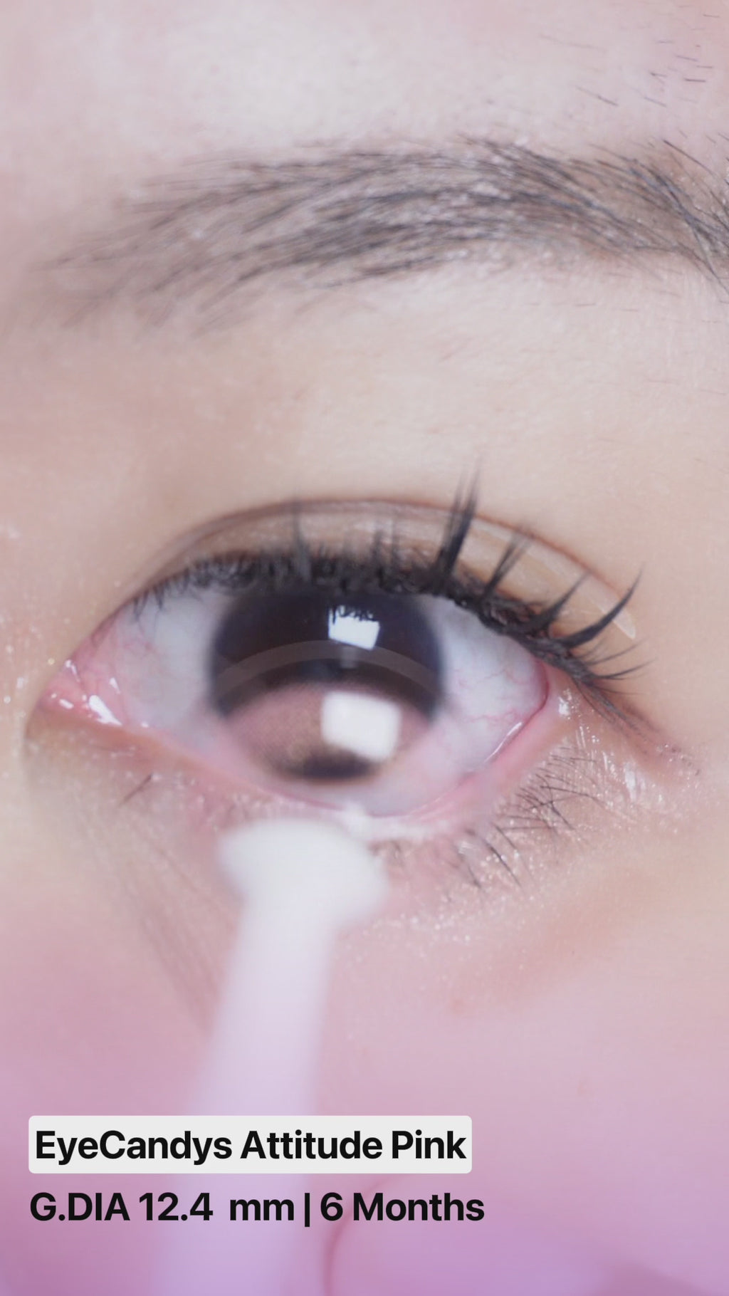 Applying the Attitude Pink colour contact lens on a naturally dark eye using a lens applicator tool, showing the opacity of the soft pink contact lens from various angles.