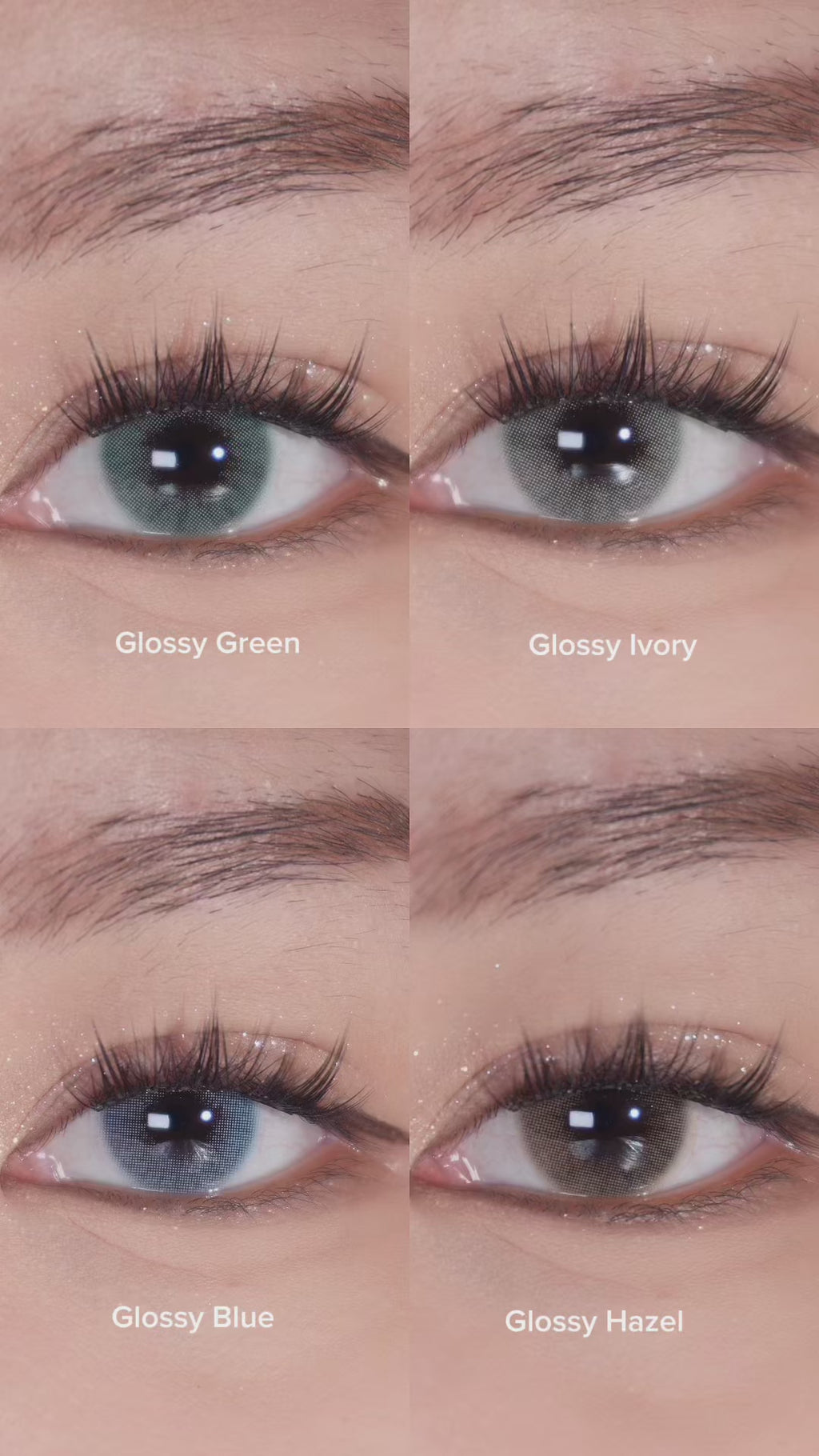 Seamless blinking close-up video of an eye with long lashes wearing EyeCandys Glossy series colored contact lenses in Glossy Green, Glossy Ivory, Glossy Blue, and Glossy Hazel, showcasing natural color blending, realistic eye movement, and subtle eye-enhancing effects.