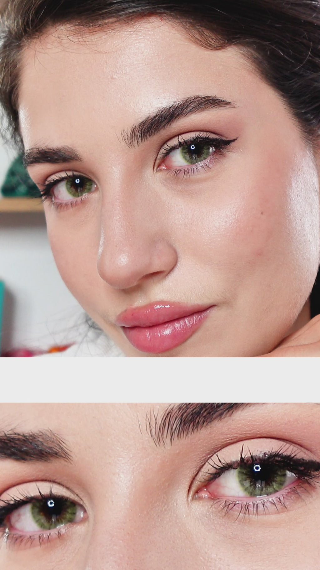 Video showcasing Pink Label Shade Green Colored Contact Lenses. Above is the full face of a model wearing Pink Label Shade Green and on the center is the lens thumbnail design of the same contact lens and below it is a close up eye video showing the detailed design of lens when worn. 