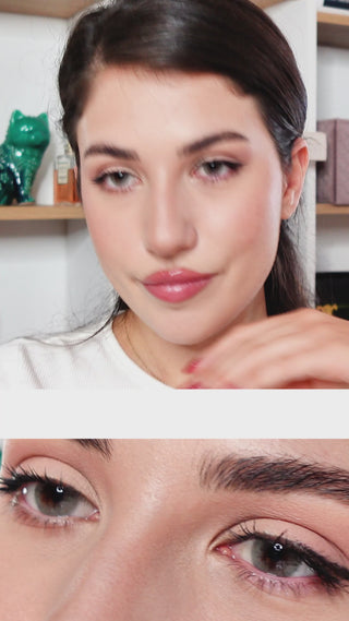 Video showcasing Eyecandys Glossy Ivory Colored Contact Lenses. Above is the full face of a model wearing Eyecandys Glossy Ivory and on the center is the lens thumbnail design of the same contact lens and below it is a close up eye video showing the detailed design of lens when worn. 