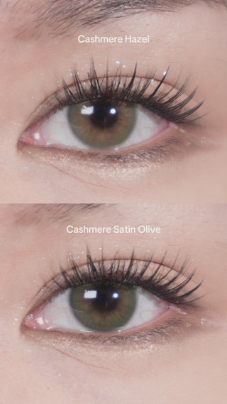 Side-by-side close-up of model’s eyes with long lashes wearing EyeCandys Cashmere Hazel and Cashmere Satin Olive colored contact lenses