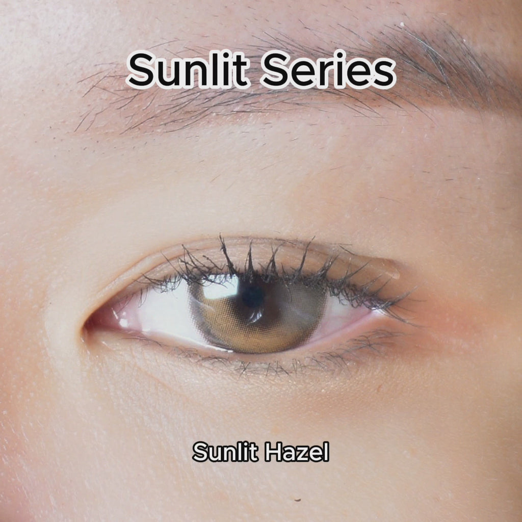 Video of a close up eye shot showing different sunlit contact lenses ranging from sunlit deep blue, pink-brown, and hazel.