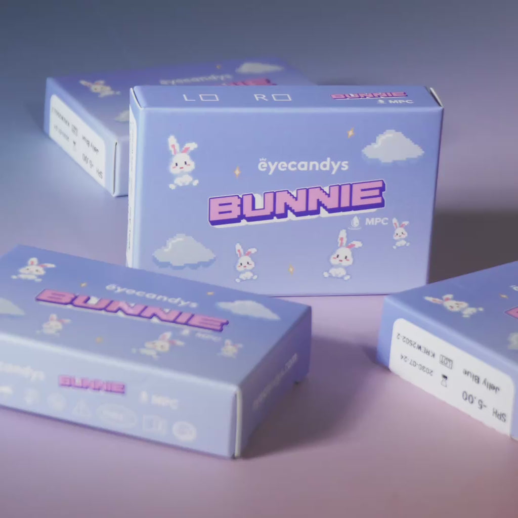Video of models wearing Eyecandys Bunnie Jelly Blue and Bunnie Milky Ash Grey prescription colored contact lenses with macro lens shots
