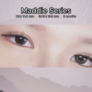 Trying on the Maddie Green circle contact lenses (13.5mm graphic diameter) on dark brown eyes