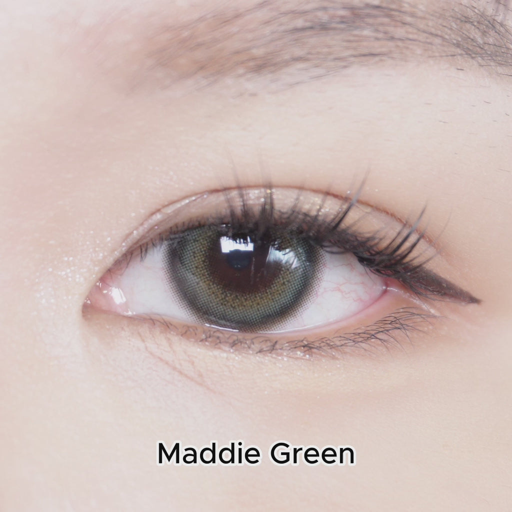 Comparing various colors of contact lenses (Maddie Series - grey, green and brown) on dark eyes from EyeCandys