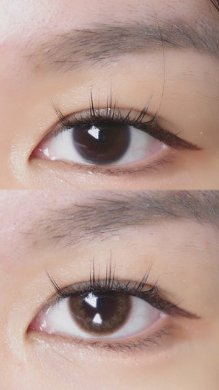 Model with natural makeup wearing the Truffle Brown color contacts for astigmatism, showing the clear before and after natural enlarging effect of the circle contact lens on dark brown eyes 