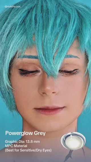 Video of riolette.cos wearing EyeCandys Powerglow Grey, Bluish Purple, Red, and Green lenses, MPC material for sensitive, dry eyes.