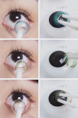 Close-up eye try-on with long lashes featuring EyeCandys Isla Blue Grotto, Isla Emerald Green, and Isla Mirage Grey prescription colored contact lenses, highlighting three stunning shades with detailed iris designs, natural-looking color transitions, and enhanced eye definition.