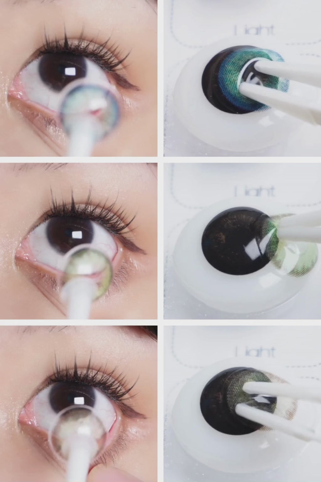 Close-up eye try-on with long lashes featuring EyeCandys Isla Blue Grotto, Isla Emerald Green, and Isla Mirage Grey prescription colored contact lenses, highlighting three stunning shades with detailed iris designs, natural-looking color transitions, and enhanced eye definition.