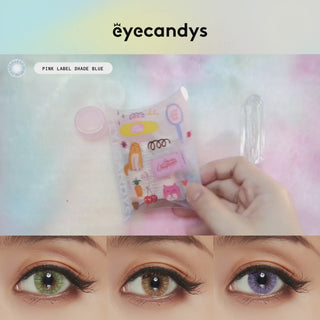 Applying the Shade Blue colour contact lenses on naturally dark eyes, showing the brightness and opacity of the contact lens design; and showcasing the Eyecandys product packaging