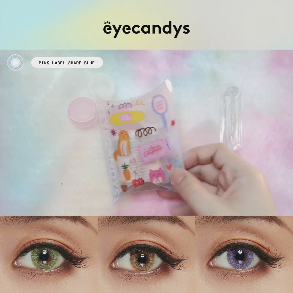 Applying the Shade Blue colour contact lenses on naturally dark eyes, showing the brightness and opacity of the contact lens design; and showcasing the Eyecandys product packaging