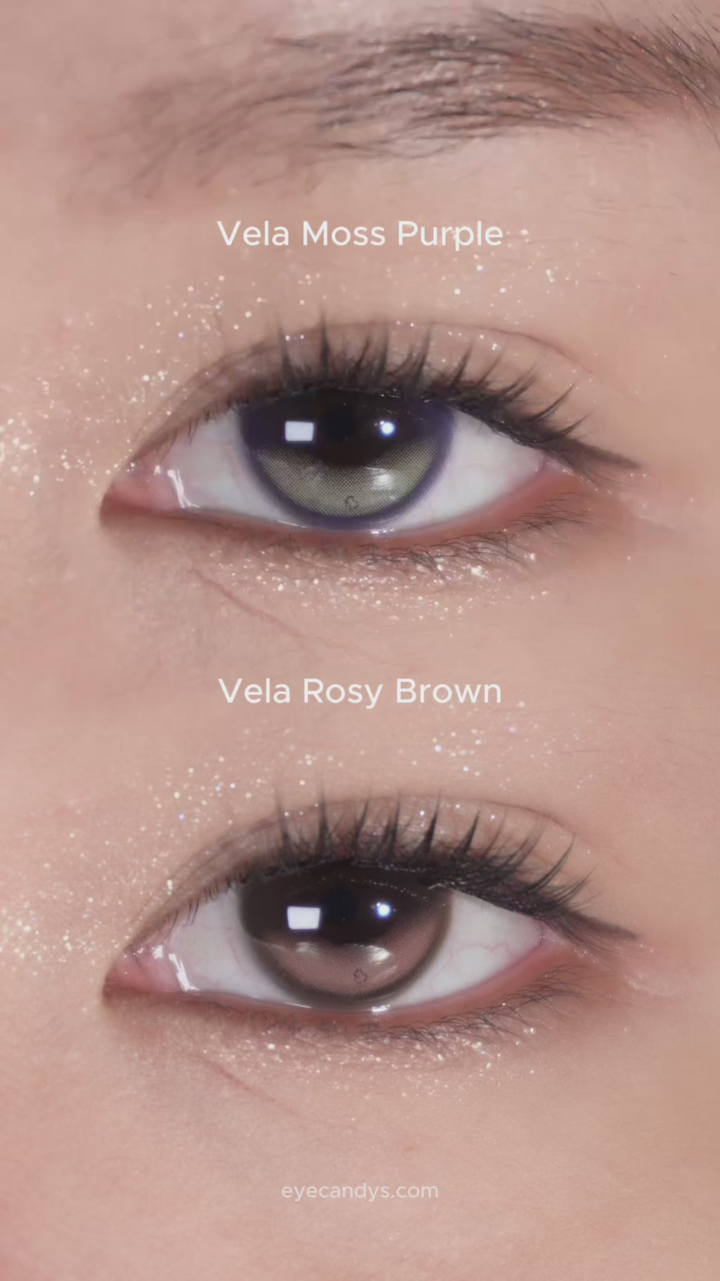 Close-up of eye blinking with long lashes wearing EyeCandys Olola Vela Moss Purple and Vela Rosy Brown contact lenses