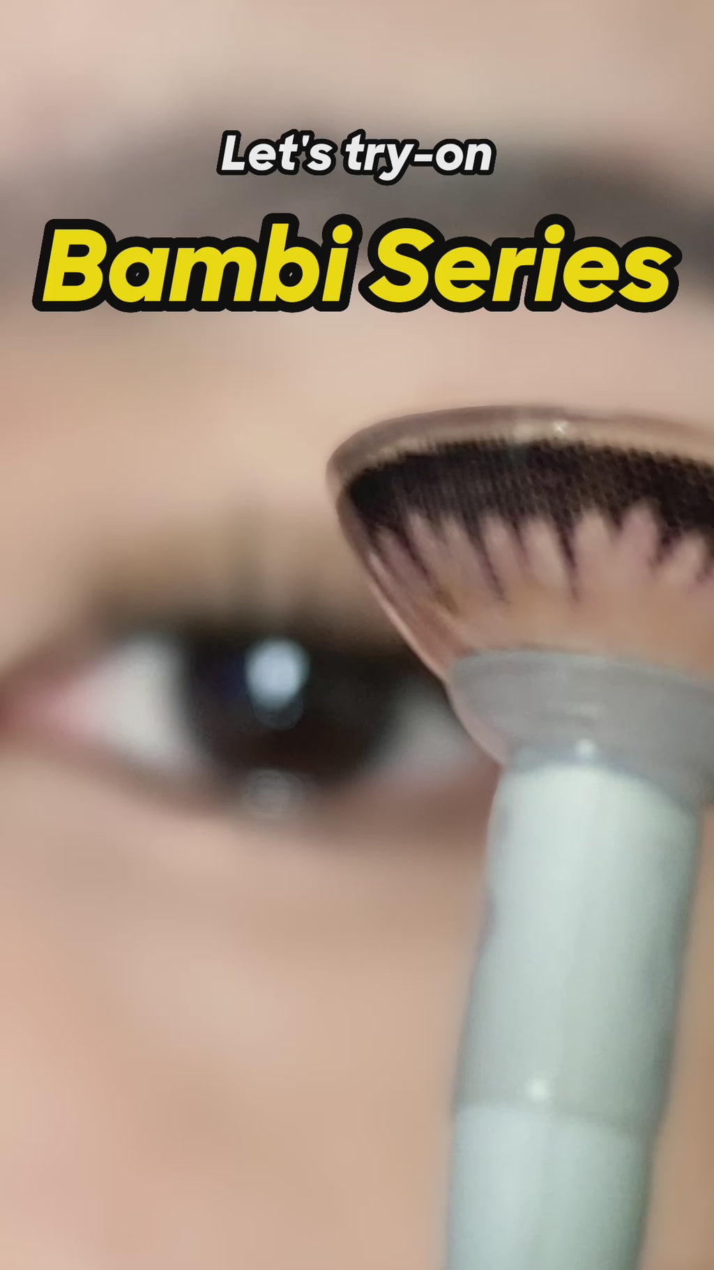 Model is experimenting with various color contact lenses from the Bambi series, including Bambi Pink, Bambi Grey, Bambi Almond Brown, and Bambi Green.