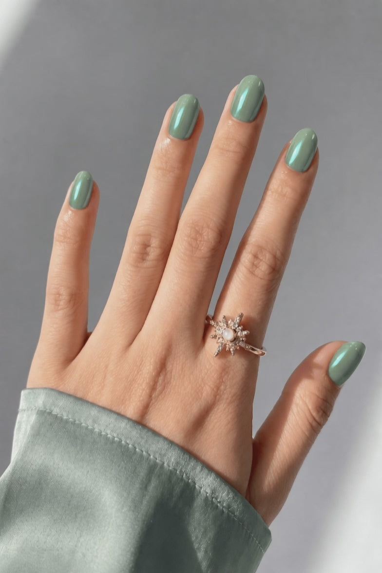 Sage Advice press-on nails worn on hand