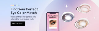 Banner showing the color eye contacts quiz on EyeCandys: on how to find the color contact lens matching your skintone, eye color and style preferences. The image shows  the result of an eye wearing a grey color contact lens worn on a dark eye, next to macro shots of various color contact lenses, showcasing the dotted designs and patterns, in pink, brown and purple.
