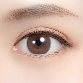 A close-up of a human eye wearing Feliamo 1-Day Sakura Mousse (10pk) contact lenses by Feliamo, showing a pink-brown iris, long lashes, clear skin, a well-groomed brow, and light reflecting on the lens.