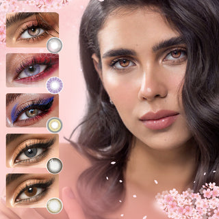 Collage of various colour contact lenses in pink, purple, green, dark grey and light brown, showing the transformative effect over dark irises. On the right is a model wearing the Sunlit Pink circle contact lenses, showing the subtle eye-lightening effect on her dark irises.