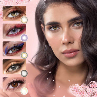 Collage of various colour contact lenses in pink, purple, green, dark grey and light brown, showing the transformative effect over dark irises. On the right is a model wearing the Sunlit Pink circle contact lenses, showing the subtle eye-lightening effect on her dark irises.