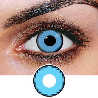 Zoomed in shot of an electric blue contact lens worn on a female's eye, above a cutout of the anime-inspired contact lens