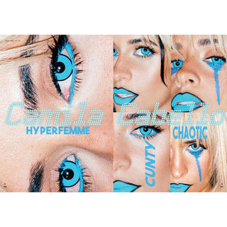 Various views of an electric blue contact lens on a female model (Camila Cabello), paired with matching blue eyeliner and lipstick, showing a cosplay-inspired makeup look