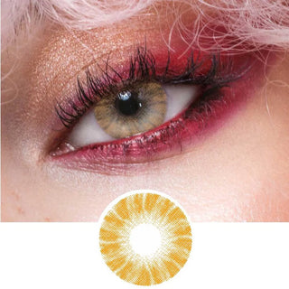 Close-up shot of a model wearing Shade Brown prescription colored contact lens in one eye, on top of the contact lens pattern design.